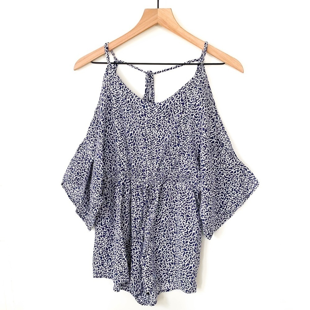 Cinnamon Boho Cold Shoulder Romper Blue White Flowy Large Sleeves